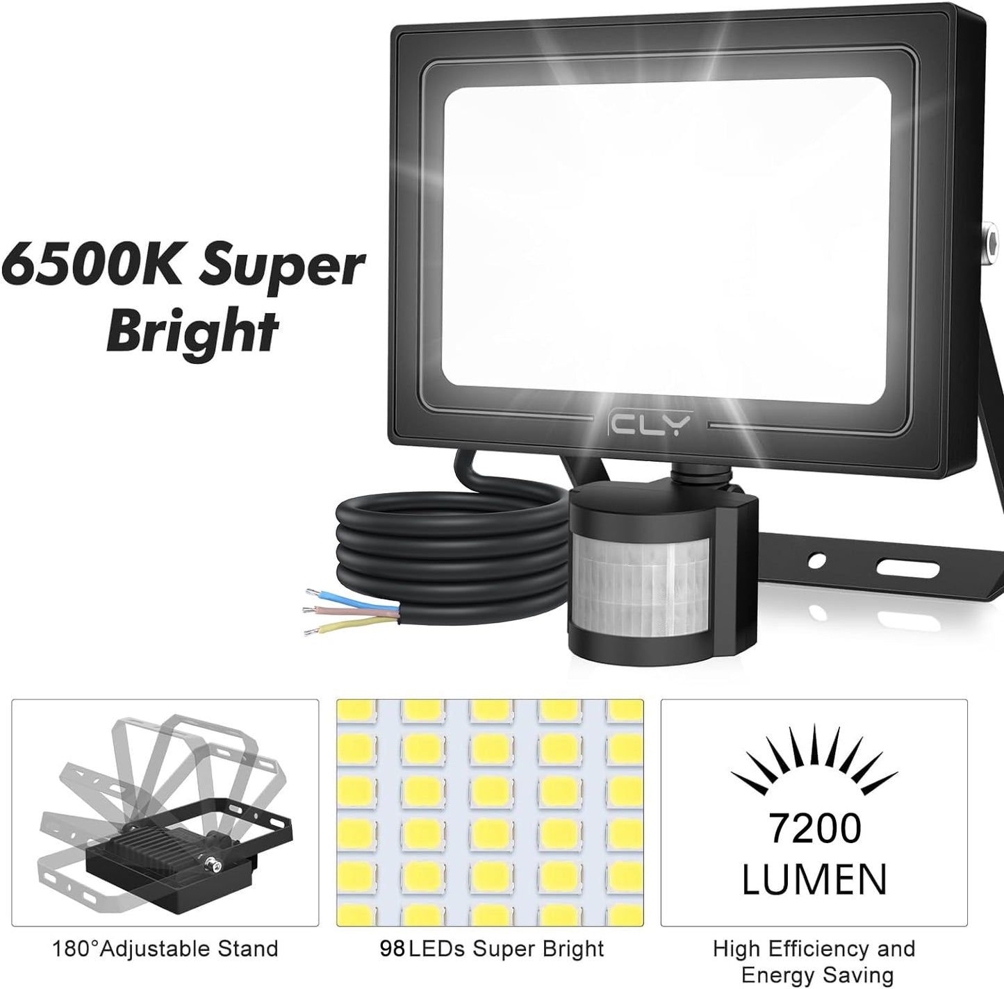 CLY 80W Security Lights Outdoor Motion Sensor, 7520LM PIR Sensor Security Light IP66 Waterproof Motion Sensor Floodlight, 6500K Cold White LED Outdoor Light Mains Powered for Garage Fixed 30s Lighting