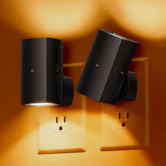 Brightown 2 Pack Black White Night Lights Plug into Wall, Modern Night Light with Rotating Plug, Dusk to Dawn Sensor, 0-100LM Stepless Dimming Aora Night Light for Hallway Bedroom Bathroom,Amber
