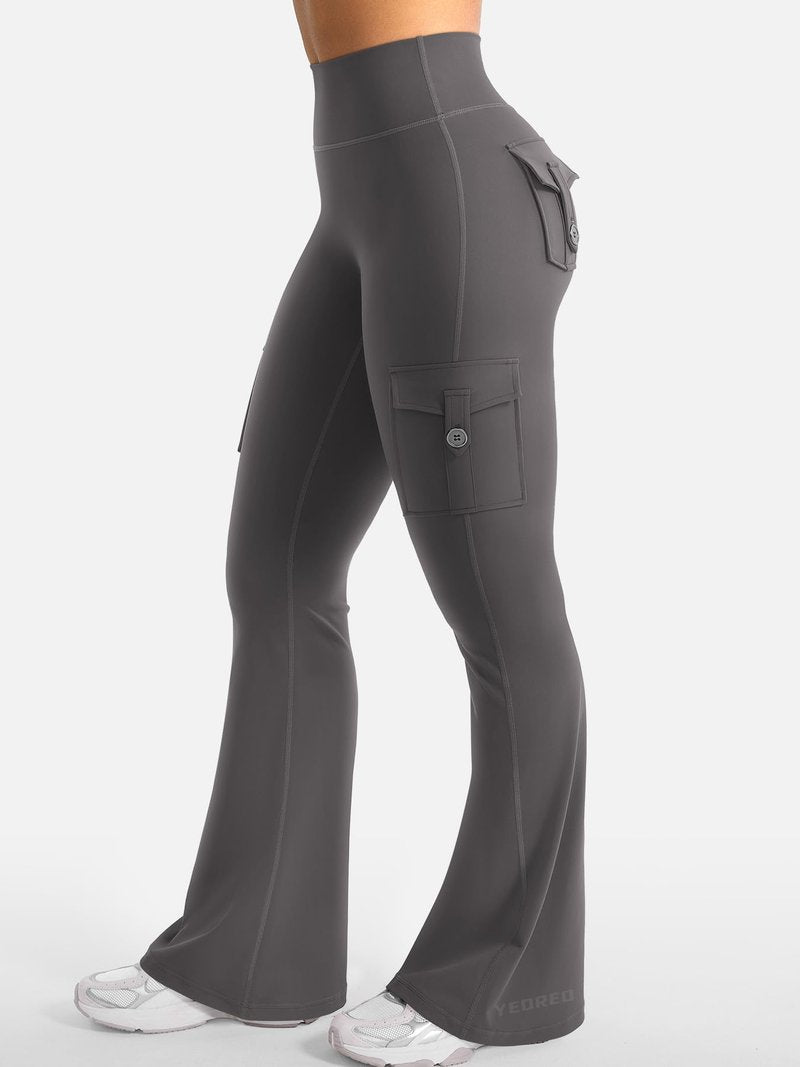 YEOREO CoreFlex Women Workout Flare Leggings with Pockets Hidden Scrunch Cargo Gym Yoga No Front Seam Leggings Dark Grey XL