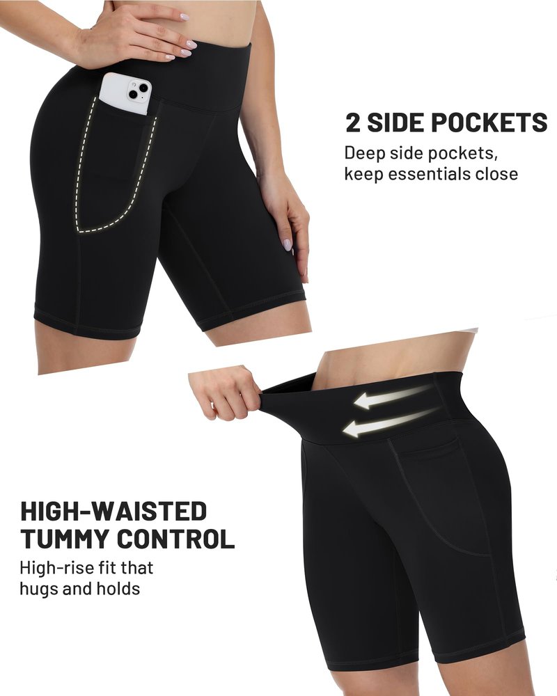 Runhit Biker Shorts Women with Pockets - 8'' High Waisted Tummy Control Workout Gym Yoga Running Spandex Compression Short Black