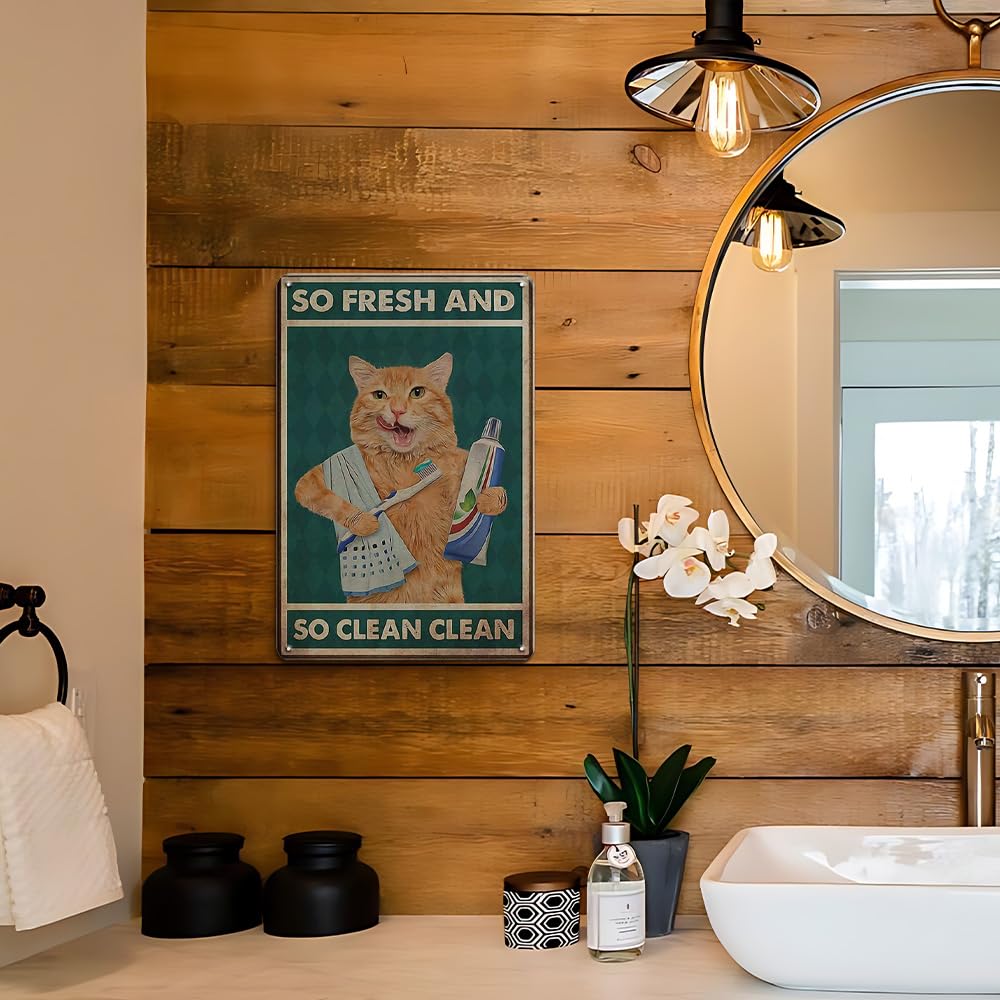 Cat Bathroom Wall Decor Cat Signs Gifts for Cat Lovers, Orange Cat Brushing Teeth And Washing Face Bathroom Decor Weird Stuff, 12x8 Inches Cat Decor Funny Bathroom Signs