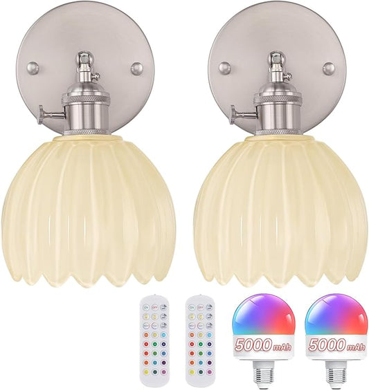 Vintage 5000 mAh Battery Operated Wall Sconce with Cream Tulip Glass Lampshade Rechargeable Battery Powered Wall Light with Remote Control for Bedroom Doorway, Set of 2