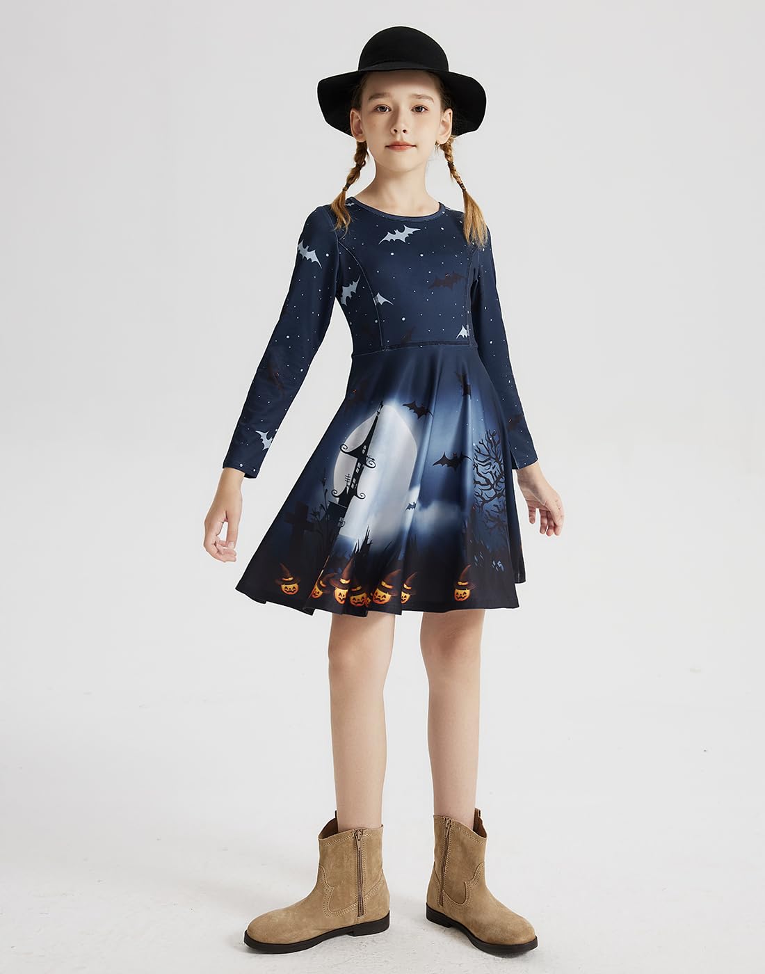 Quedoris Girls Twirly Printed Casual Party Long Sleeve Halloween Dress Bat Night L