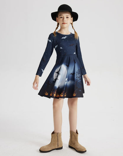 Quedoris Girls Twirly Printed Casual Party Long Sleeve Halloween Dress Bat Night L