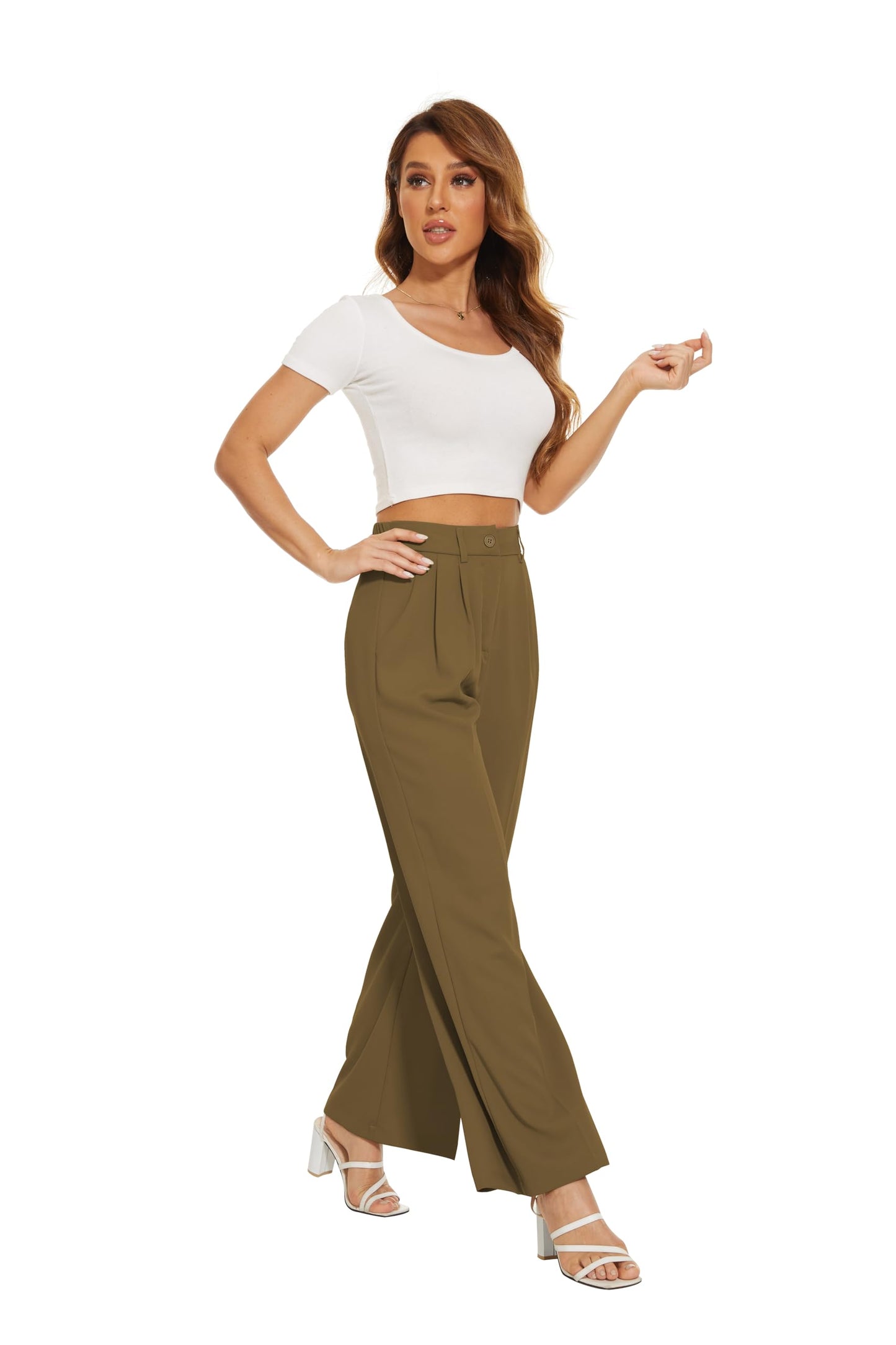 FUNYYZO Women's Wide Leg Pants High Elastic Waisted in The Back Business Work Trousers Long Straight Suit Pants