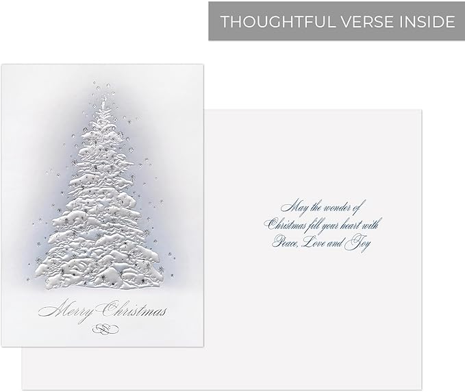 Masterpiece Embossed Frosted Tree Christmas Cards / 15 Boxed Winter Evergreen With Pearl And Silver Accents Holiday Cards With Coordinating Envelopes / 5 5/8" x 7 7/8" Folded Tree Greeting Card Set