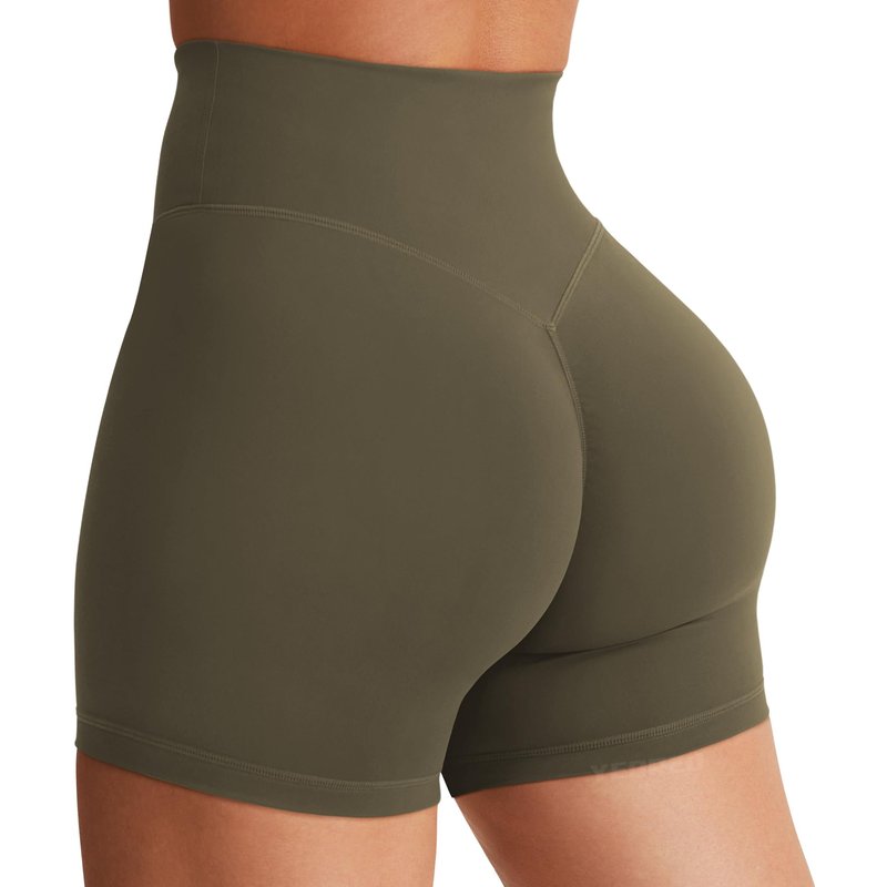 YEOREO Women's Biker Shorts 4.5" / 6" Workout Gym Shorts Craze High Waist Tummy Control Hidden Scrunch Running Yoga Olive Green M