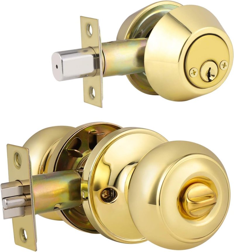 Brotima 1 Pack Polished Brass Round Style Entry Door Knobs and Deadbolt Combination Set, Keyed Alike Double Cylinder Deadbolt Door Lock Set