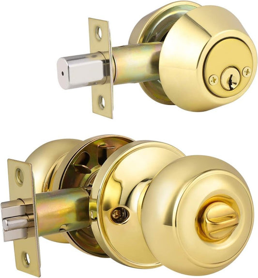 Brotima 1 Pack Polished Brass Round Style Entry Door Knobs and Deadbolt Combination Set, Keyed Alike Double Cylinder Deadbolt Door Lock Set