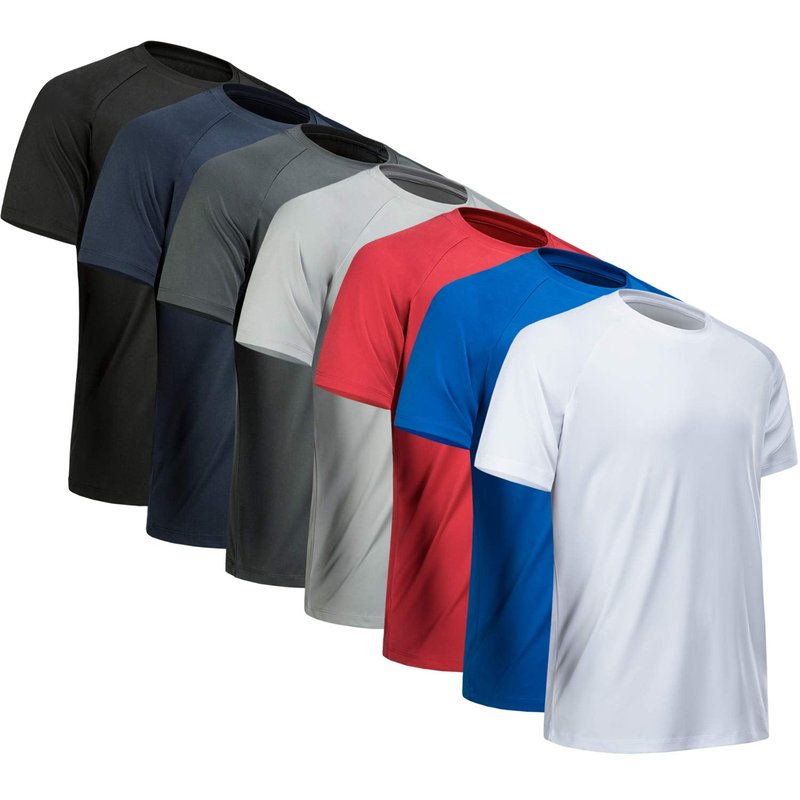 MCPORO Workout Shirts for Men Short Sleeve Quick Dry Athletic Gym Active T Shirt Moisture Wicking 7 Pack Black, Dark Grey, Light Grey, White, Navy, Blue, Red XX-Large
