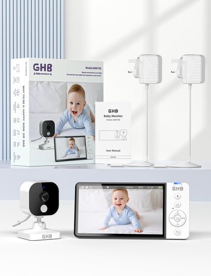 GHB Baby Monitor with Camera and Night Vision 5'' 720P HD 5000mAh Video Baby Monitor Camera IPS Screen, VOX Mode, 2-Way Audio, Temperature Alert, 8 Lullabies