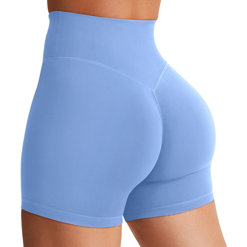 YEOREO Women's Biker Shorts 4.5" / 6" Workout Gym Shorts Craze High Waist Tummy Control Hidden Scrunch Running Yoga Light Blue M
