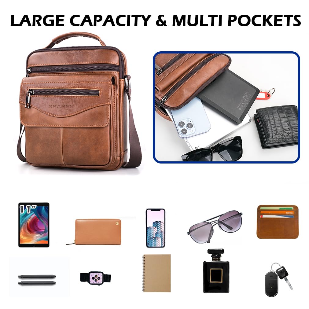 SPAHER Men Leather Handbags Shoulder Bags Messenger Business Bag Crossbody Satchel Sling Waterproof Travel Bag Daily Man Bag with Adjustable Shoulder Strap for Ipad 11 Inch Brown