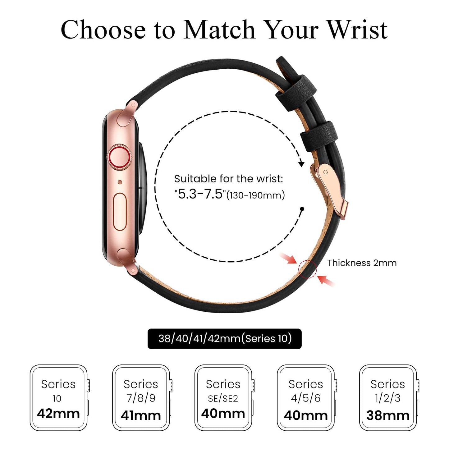 SUNFWR Compatible with Apple Watch Strap 38mm 40mm 41mm,Genuine Leather Strap Replacement,Slim&Thin Wristband for iwatch Series 7/6/5/4/3/2/1,SE(38mm 40mm 41mm,Black&Rosegold)