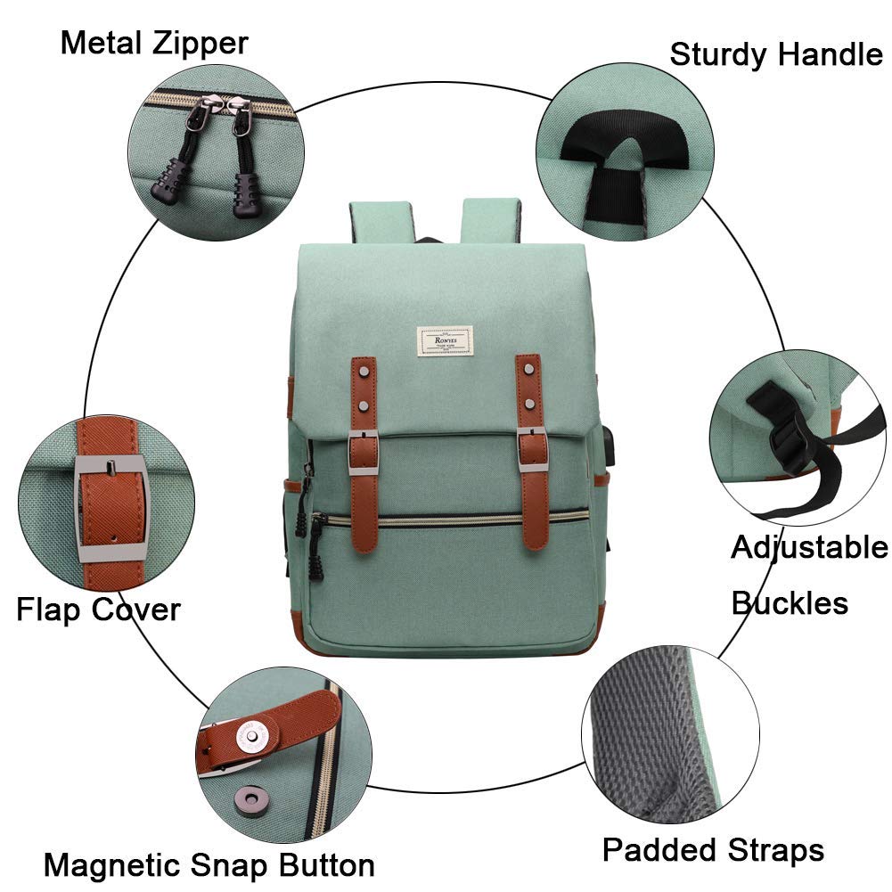 Ronyes College Bag Fits up to 15.6’’ Laptop Casual Rucksack Waterproof Business Travel School Backpack Daypacks with USB Unisex(LightGreen)