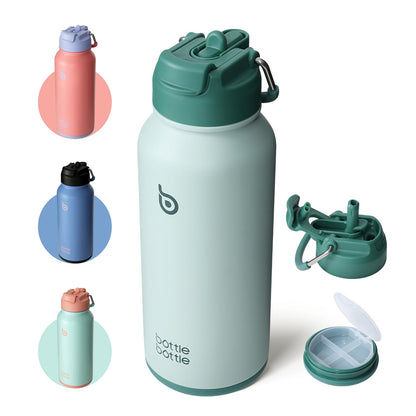 bottlebottle Insulated Water Bottle 950ml(32oz) Stainless Steel Sports Water Bottles with Straw Dual-use Lid Drink Flask Design for Gym with Pill Box (Green)