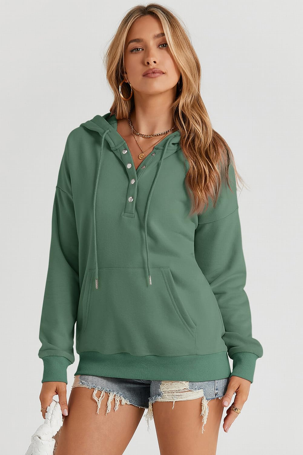 Dokotoo Hoodies for Women Drawstring V Neck Long Sleeve Front Button Collar Hooded Pullover Hoodie with Pockets Christmas Sweatshirt Loose Fit Casual Ladies Shirt Tops Winter Clothing Green X-Large
