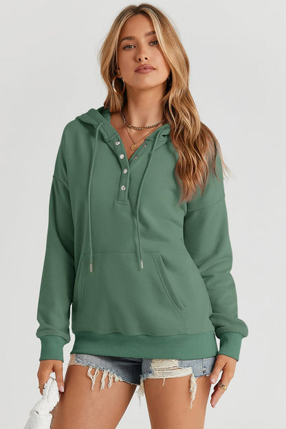 Dokotoo Hoodies for Women Drawstring V Neck Long Sleeve Front Button Collar Hooded Pullover Hoodie with Pockets Christmas Sweatshirt Loose Fit Casual Ladies Shirt Tops Winter Clothing Green X-Large