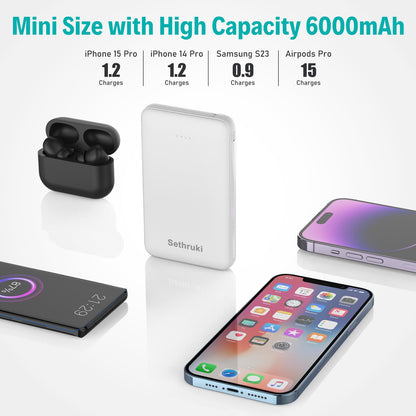 Slim Portable Charger with Built in USB C Cable,20W Fast Charging Power Bank,Small Mini Lightweight Phone Battery Pack 6000mAh,Ultra Thin Travel Essentials for iPhone 17 16 15 Series,Samsung,Android