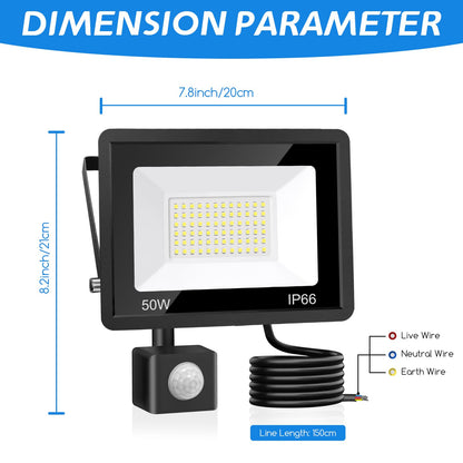 Jsdoin 50W Security Lights Outdoor Motion Sensor 4500 Lumen PIR Security Light 6500K LED Floodlights IP66 Waterproof Outside Daylight Wall Light with 2M Cable for Garage Garden Hallway Backyard