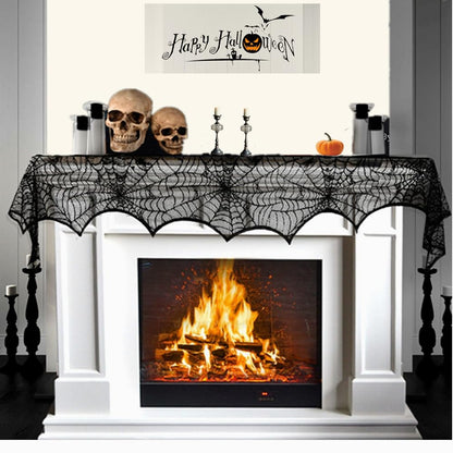 GKkakuto Halloween Cobweb Fireplace Scarf, Black Lace Spiderweb Mantle Scarf for Halloween Home Party Supplies, 18 x 96 inch