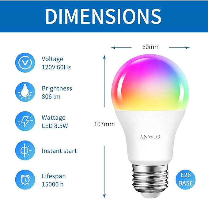 ANWIO Smart Light Bulbs 8.5W (60W Replacement) A19 E26 LED Bulb Work with Alexa, Google Assistant, Smart Life App, Tuya App, Color Changing Light Bulb,806LM,2.4Ghz only，No Hub Required（4-Pack）