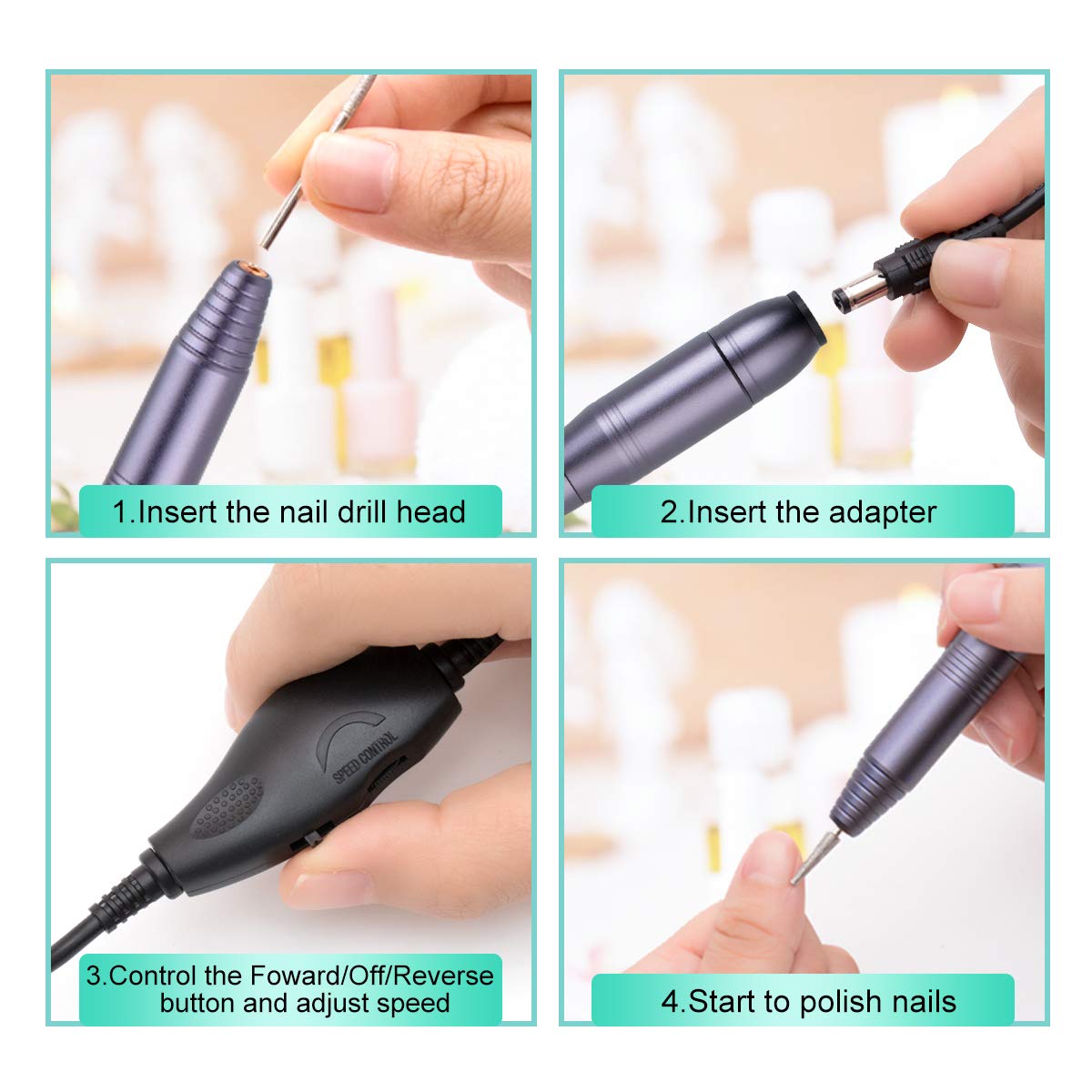 Portable Electric Nail Drill File Machine with Acrylic Nail Kit Set Professional 20000rpm Manicure Pedicure with Sanding Bands Brush for Nail Art Gel Nail Polish Tips Clippers