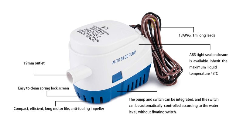 Dontmiss 750 GPH Automatic Submersible Bilge Pump, 12V Boat Bilge Pump with Float Switch, High-Flow 3-Blade Impeller, Snap-Off Strainer, 3/4" Outlet - Compact All-in-One for Boats, RV, Ponds & Pools