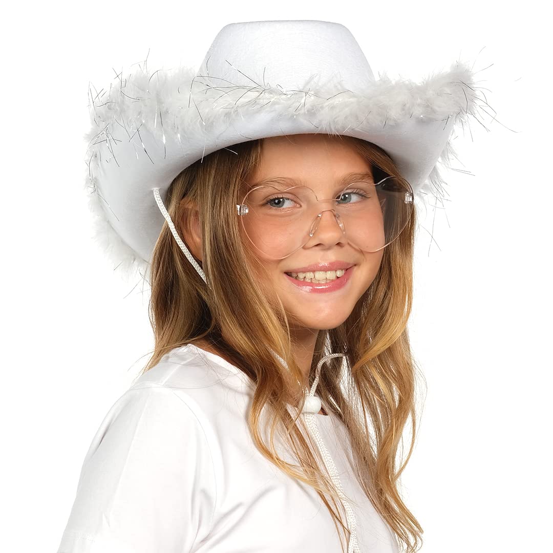Funcredible White Cowboy Hat and Glasses - Fluffy Cowgirl Hat with Star for Girls - Cowboy Hat with Feathers - Cowgirl Accessories - Halloween Accessories for Women