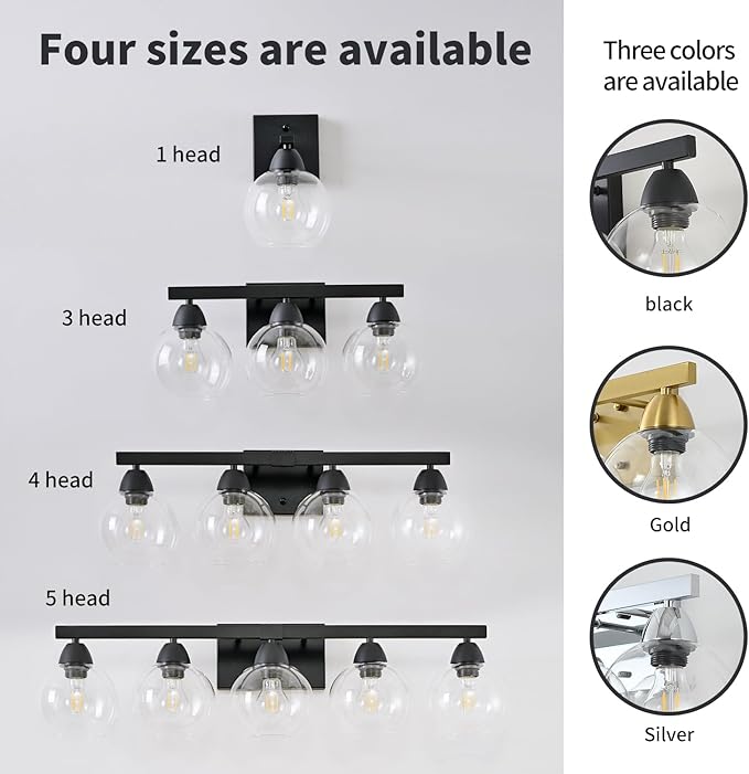 4-Light Bathroom Vanity Light, Matte Black Wall Sconce with Hand-Crafted Thick Glass Shades, High Transparency & Few Flaws, Perfect for Mirror, Bedroom, Hallway