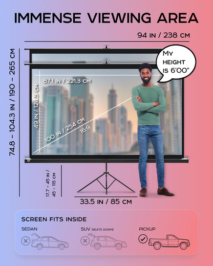 100 Inch Indoor and Outdoor Projector Screen with Stand for Movies or Presentations - HD Premium 16:9 Folding Free Tripod Screen with Carry Bag and Straps, Matte
