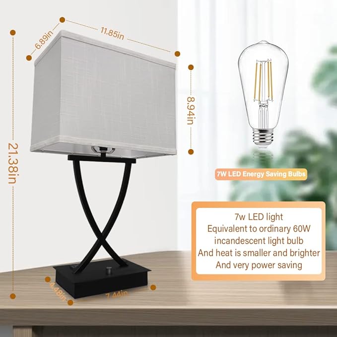 Fully Dimmable Medium Table Lamp for Bedroom with Type C/USB Charging Port and 1 AC Outlet White Shade 21.38" Bedside Nightstand Lamp for Bedroom Living Room Office and Hotel Bulb Included