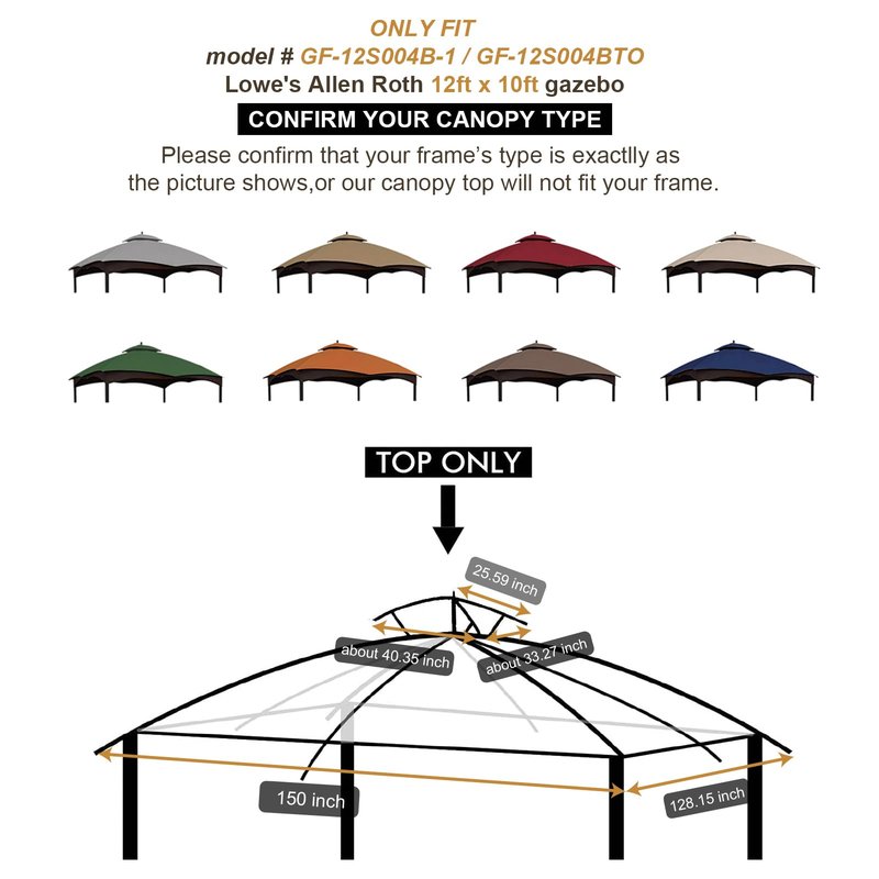 Eurmax USA High Performance Replacement Canopy Top for Lowe's Allen Roth Heavy Duty Gazebo Roof Gazebo Top with Air Vent 10X12 Cover #GF-12S004B-1, Replacement Top Only (Khaki)