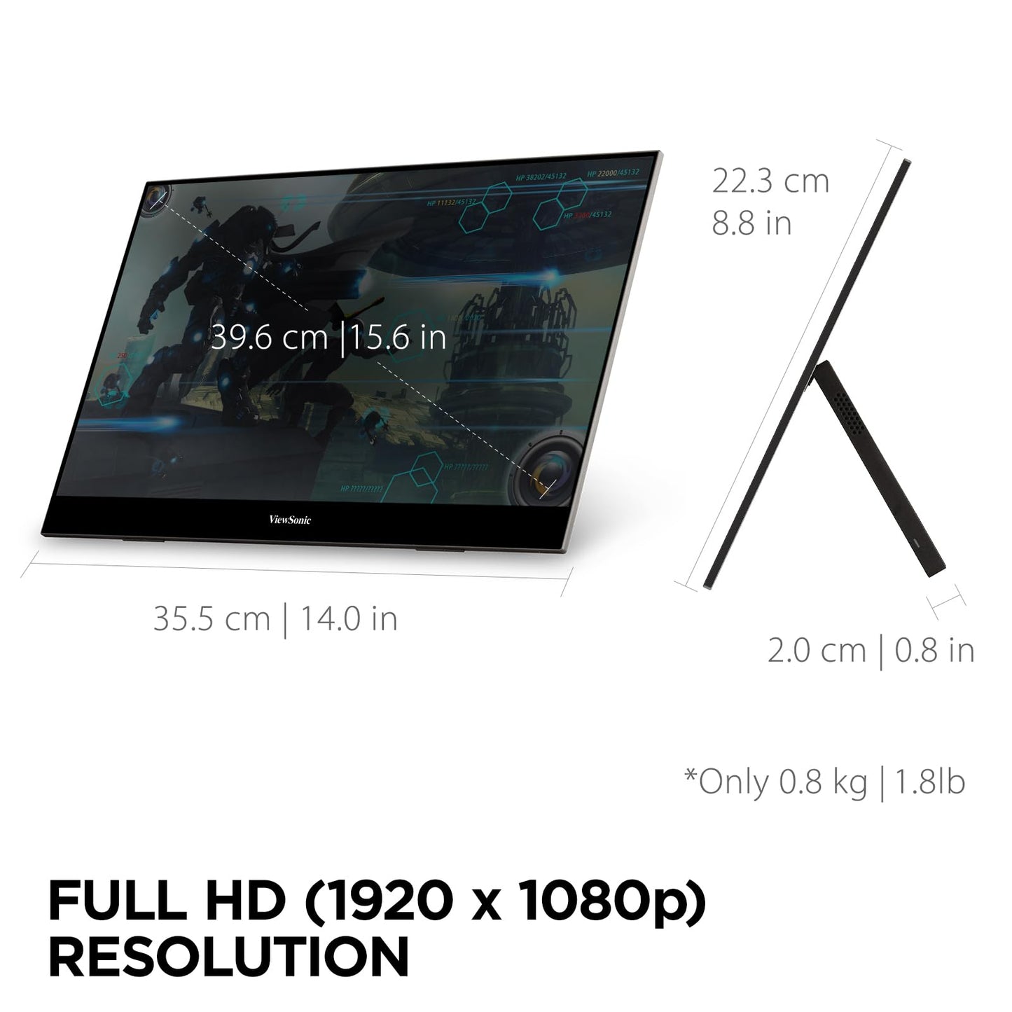 ViewSonic VX1655 15.6 Inch 1080p FHD Portable LED IPS Monitor with 2 Way Powered 60W USB C, Mini HDMI, Dual Speakers, and Built-in Stand with Tripod Mount,Black