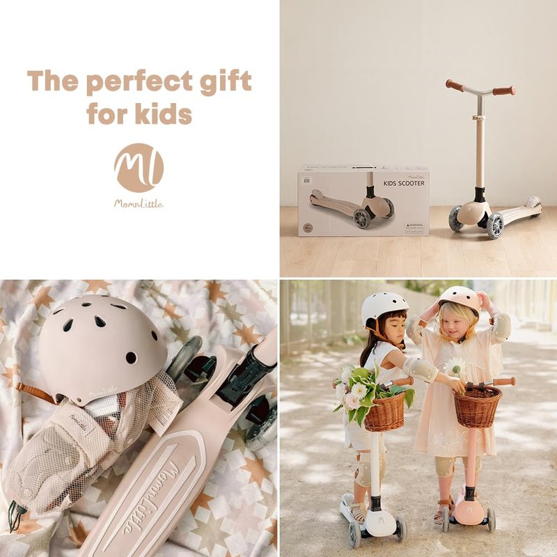 MomnLittle Toddler Scooter for Kids Ages 3-10, 3 Wheel Foldable Kick Scooter with Mini Basket, LED Light-Up Wheels, Lean-to-Steer Design, 4 Height Adjustable Handlebar for Boys and Girls, Pink