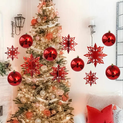 Christmas Hanging Snowflake Decorations 3D Hollow-Carved Glittery Ornaments Set of 6pcs with Different Sizes for Christmas Winter Wonderland New Year Party Home Decor (Red)