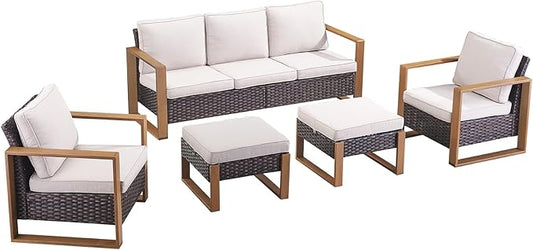 Rilyson Outdoor Wicker Patio Furniture Set - 5 Piece Patio Conversation Set with 2 Wicker Armrest Chairs,2 Rattan Ottoman and 1 Couch,Sturdy Frame,Thick Cushions,Deep Seating(Brown/Beige)