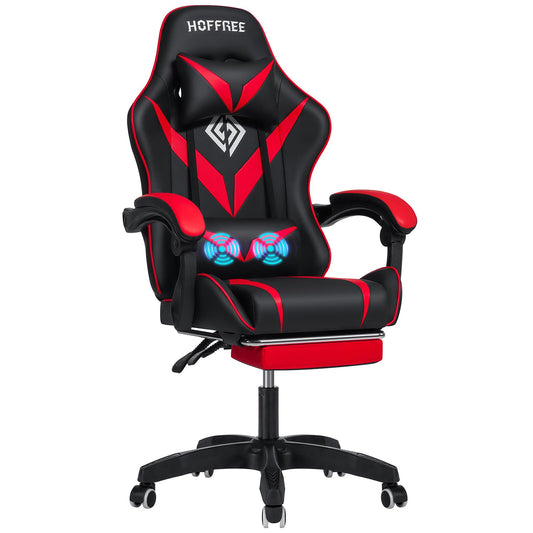 HOFFREE Massage Gaming Chair for Kids Computer Gamer Chair with Footrest and Lumbar Support Reclining PC Game Chair with Headrest for Gaming Room Red and Black