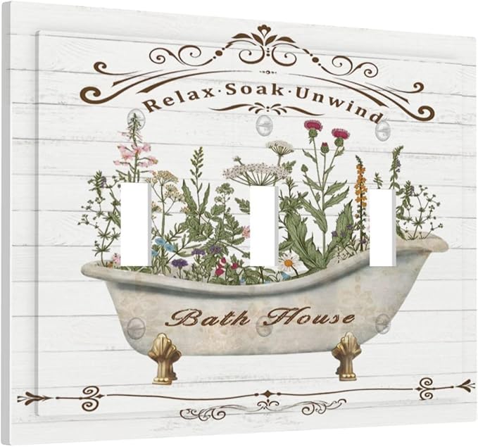Rustic Farmhouse Wooden Board Botanical Flower 3 Gang Wall Plates Decorative Triple Toggle Light Switch Cover Electrical Switchplate Unused Decorate Faceplate for Bathroom Home