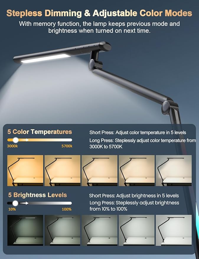 LED Desk Lamp with Clamp, 18W Dual Light Architect Desk Light, Adjustable Swing Arm RGB Light Sensor Switch, Eye-Caring 4 Modes Stepless Dimming Table Lamp for Home Office Reading Study Gaming