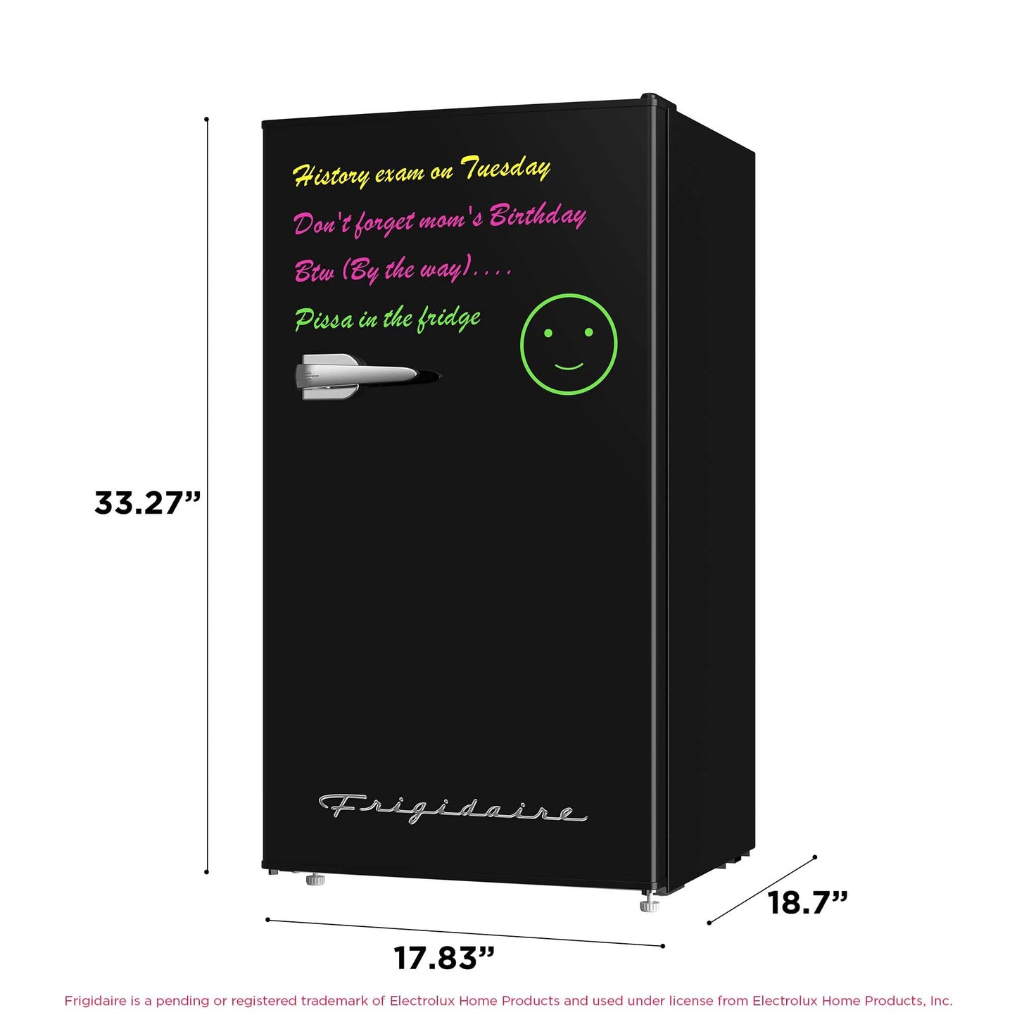 Frigidaire EFR331 Single Door Compact Refrigerator - Adjustable Thermostat Control - Reversible Doors - Front Blackboard, Write and Erase - Ideal for Dorm, Office, RV, Room - Black, 3.2 Cubic Feet