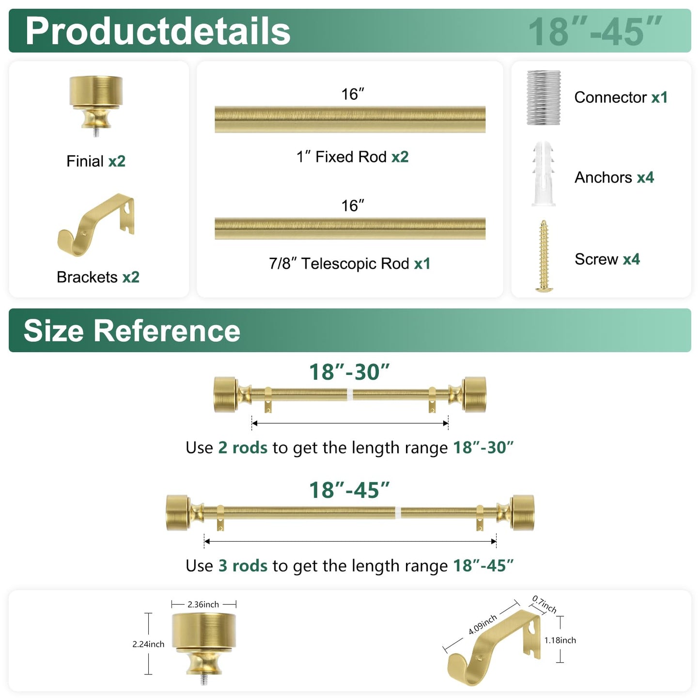 Gold Curtain Rods for Windows 28 to 48 Inch(2.3-4ft), 1 Inch Diameter Heavy Duty Curtain Rod, Adjustable Decorative Drapery Poles 18-45", Brushed Gold