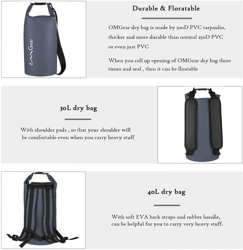 OMGear Waterproof Dry Bag Backpack Waterproof Phone Pouch 40L/30L/20L/10L/5L Floating Dry Sack for Kayaking Boating Sailing Canoeing Rafting Hiking Camping Outdoors Activities(Grey,5L)