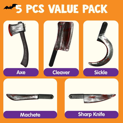 JOYIN 5 Pcs Hanging Halloween Bloody Knife Decorations Indoor, Fake Knife Prop Plastic Fake Knives Weapon Prop, Party Decor Haunted House Fake Blood, Machete Axe Cleaver Sickle for Scary Yard Porch