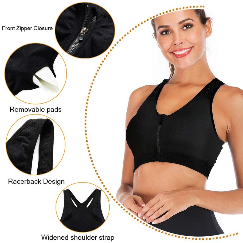 Women's Wireless Post-Surgery Zip Front Sports Bra | Medium Support Yoga Activewear Bra for Workout Recovery
