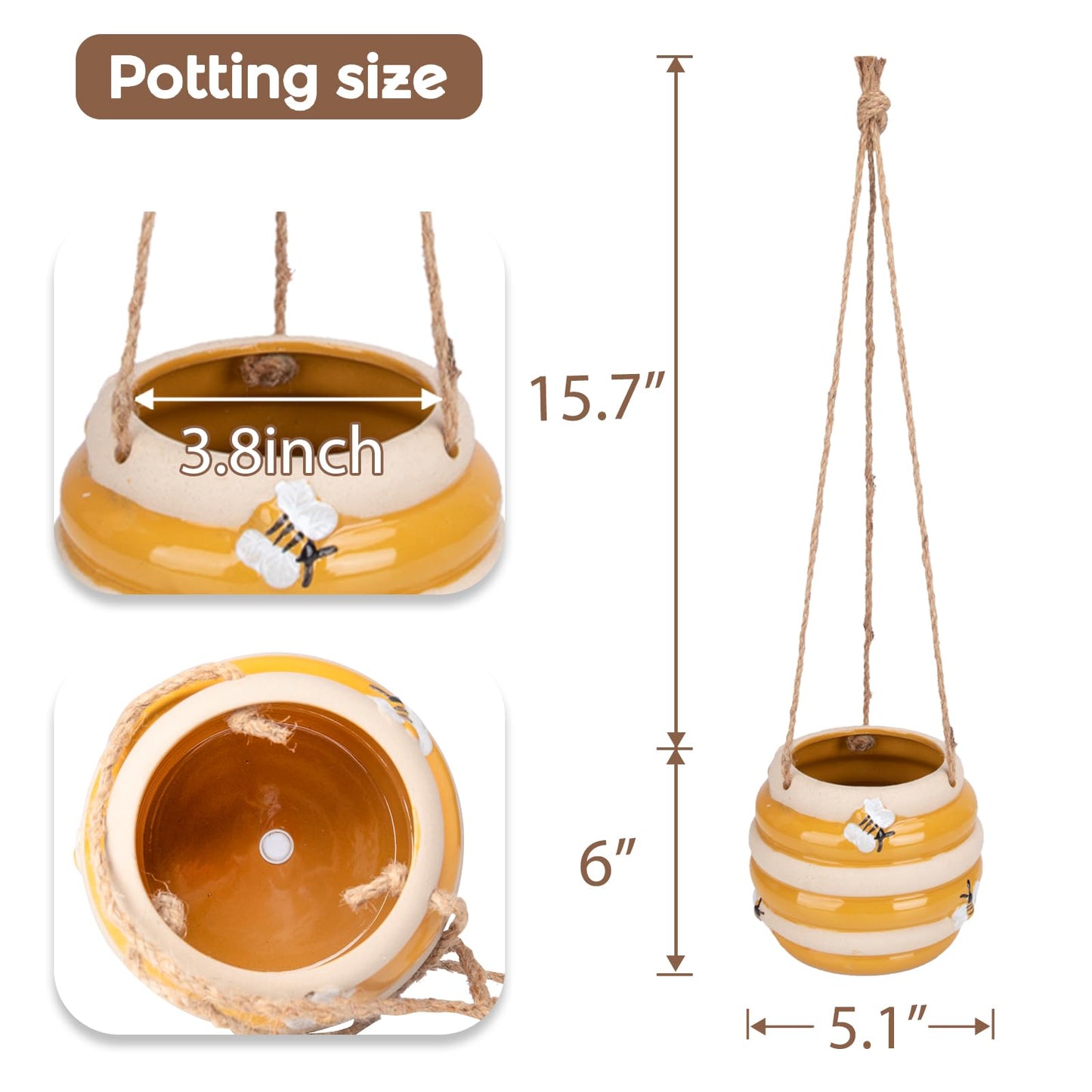 Chonsun Hanging Ceramic Planter 5 Inch Cute Bee Plant Pots Indoor Outdoor Yellow Planter Flower Pot Succulent Plant Pot Ceramic Mid-Century