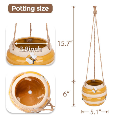 Chonsun Hanging Ceramic Planter 5 Inch Cute Bee Plant Pots Indoor Outdoor Yellow Planter Flower Pot Succulent Plant Pot Ceramic Mid-Century