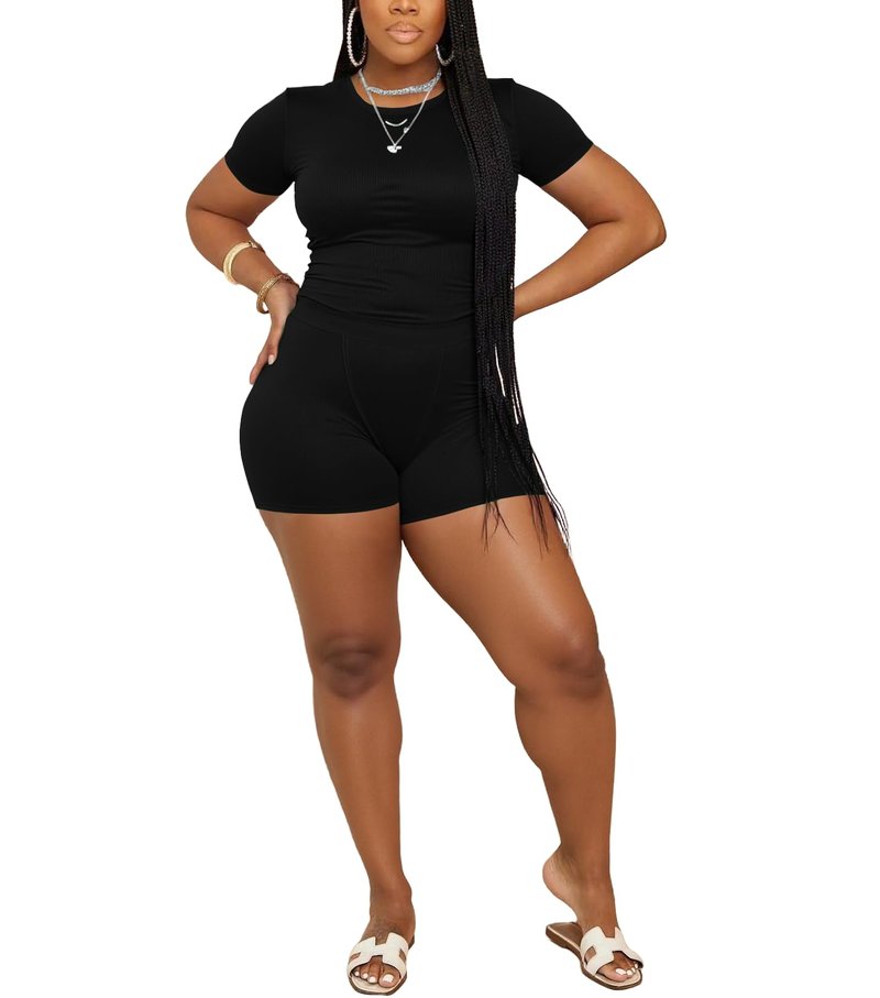PINSV 2 Piece Sets for Women Summer Workout Sets Fitted Crew Neck T-shirt High Waist Jogger Legging Short Sets Black M