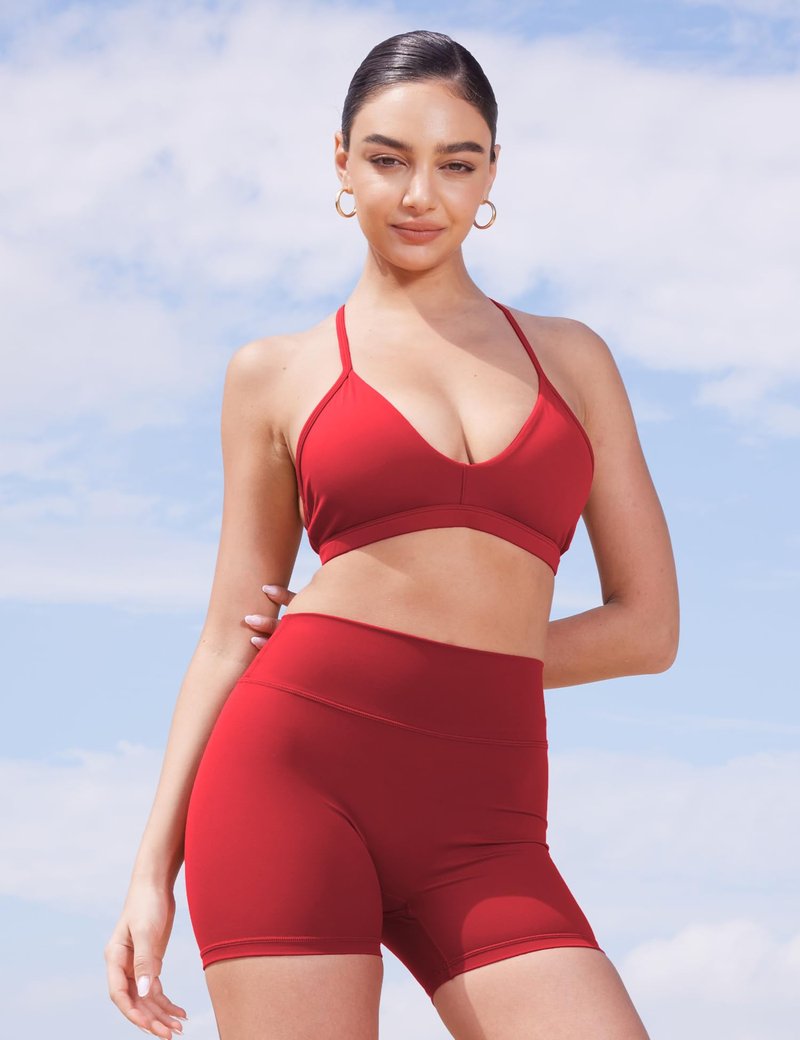 YEOREO Women's Biker Shorts 4.5" / 6" Workout Gym Shorts Craze High Waist Tummy Control Hidden Scrunch Running Yoga Jujube Red M