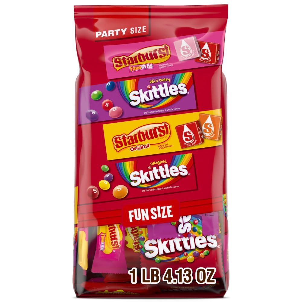 SKITTLES Original, SKITTLE Wild Berry & STARBURST Original and STARBURST FaveRed Fruity Halloween Chewy Candy Fun Size, 20.13 Oz Bulk Bag